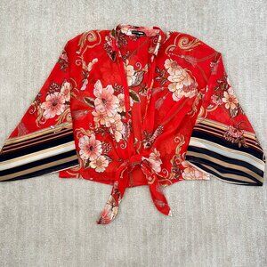 Fashion Nova Floral Kimono Sleeve Tie Front Sheer Summer Blouse Top M